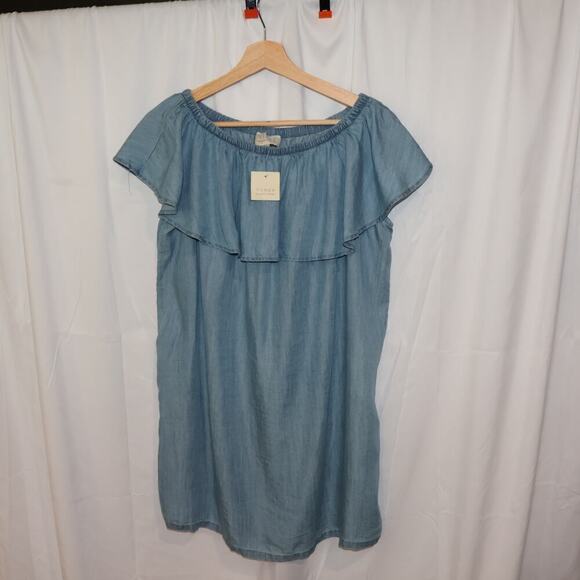 NWT Hinge Top One Size Blue Chambray Ruffled Elastic Neck - Picture 6 of 15